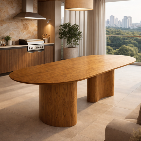 Mesa de Jantar Savana Tampo Oval Orgânico Laminado 8 Lugares Madeira Natural Sala de Jantar 180cm