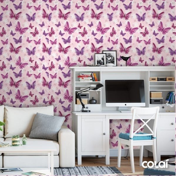 Papel De Parede Lavável Borboletas 3D Fundo Rosa 15m - 4