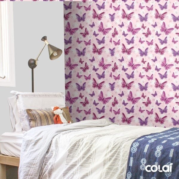 Papel De Parede Lavável Borboletas 3D Fundo Rosa 15m - 3