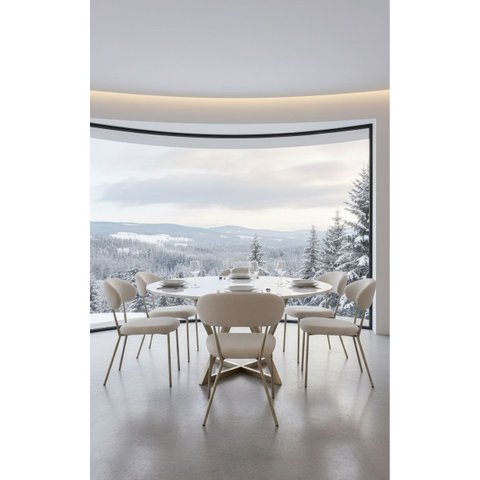 6 Cadeiras de Jantar Tecido Boucle Off White Tubo Champagne