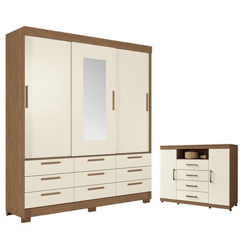 Guarda Roupa Casal 3 Portas 9 Gavetas Morretes com Espelho e Cômoda Havana Master com Rodízio