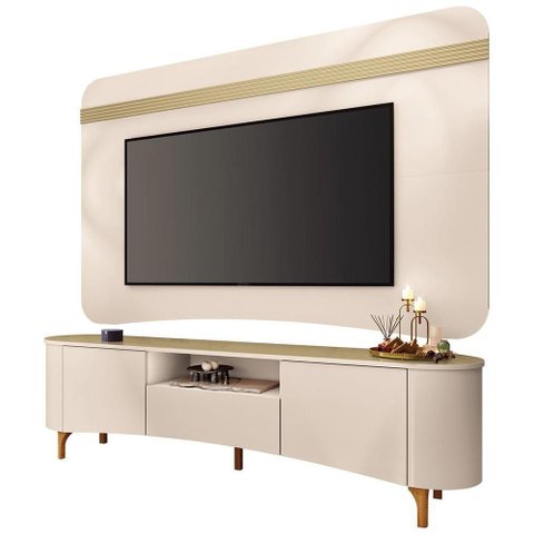 Rack para Sala Martina com Painel para TV 80 pol Orgânico Ermione B01 Off White Champanhe - Lyam
