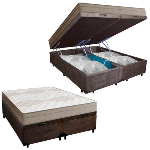 Cama Box Baú Casal Bipartido Suede + Colchão de Molas Ensacadas Portobel Ipanema 138x188x66cm