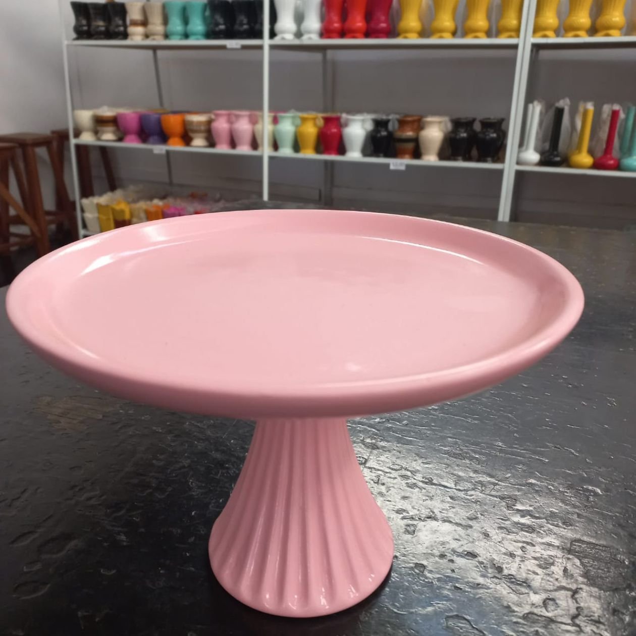 Boleira com Pé Cerâmica para Festas 19 Cm Casa Dami Decor Rosa