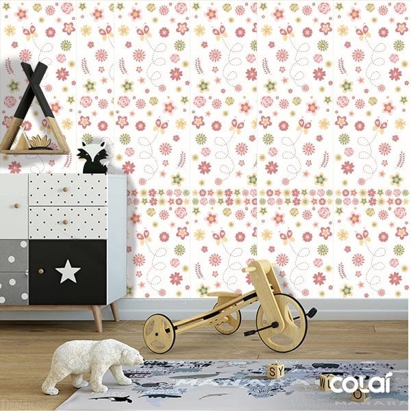 Papel De Parede Adesivo Lavável Flores E Borboleta 6m - 6