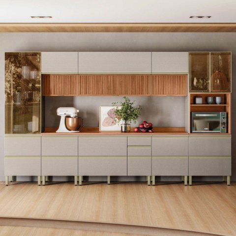 Cozinha Completa Proença 12 Portas 10 Gavetas Ripado 100% Mdf com Vidro D3702rp Nogueira/Nude Prime 