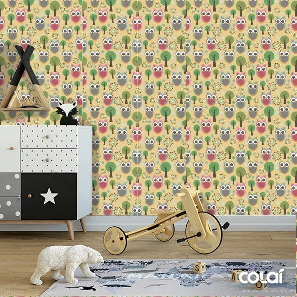 Papel de Parede Adesivo Lavável Corujas Curiosas 18m - 2