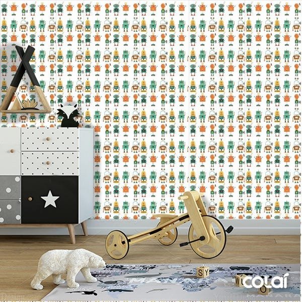 Papel de Parede Adesivo Lavável Robôs de Fundo Branco 9m - 2