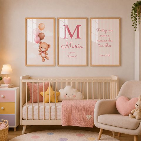 Kit Quadros Infantil com Nome - Ursinha Balões:20x30/Moldura Mel Vidro Acrílico