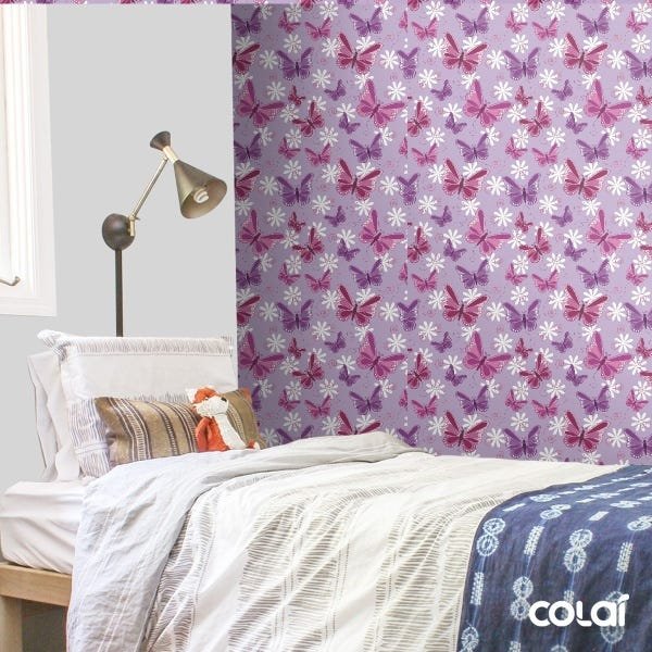 Papel De Parede Lavável Borboletas 3D Fundo Roxo 6m - 3