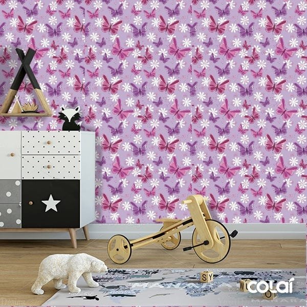 Papel De Parede Lavável Borboletas 3D Fundo Roxo 6m - 5