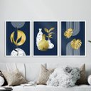 Ver imagem 2 de Kit 3 Quadros Abstratos Azul e Dourado Folhas 24x18cm - com vidro:Madeira branca