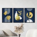 Ver imagem 1 de Kit 3 Quadros Abstratos Azul e Dourado Folhas 24x18cm - com vidro:Madeira branca