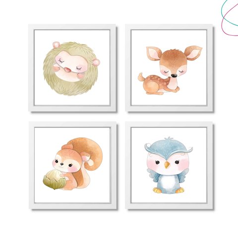 Kit com 4 Quadros Decorativos Animais Aquarela Bosque:branca