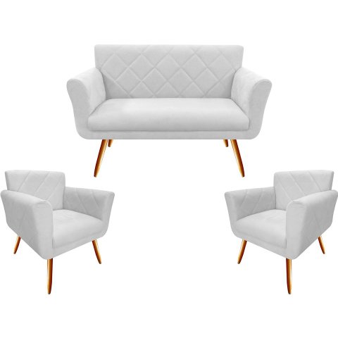 Kit Namoradeira + 2 Poltronas Decorativa Sabrina Couro Branco Pés Madeira Mz Decor