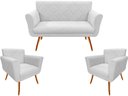 Ver imagem 1 de Kit Namoradeira + 2 Poltronas Decorativa Sabrina Couro Branco Pés Madeira Mz Decor