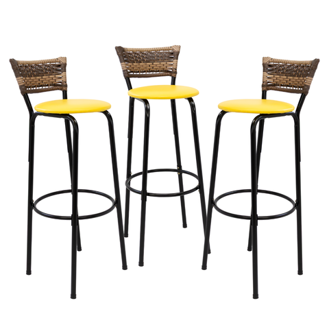Kit 3 Banquetas 80cm para Balcão Ilha Bancada Área Gourmet Encosto em Junco Banco Itagold