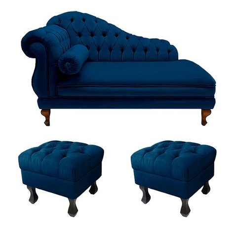 Divã Recamier Namoradeira Larissa 150cm + 2 Puffs Retrô Suede Azul Marinho