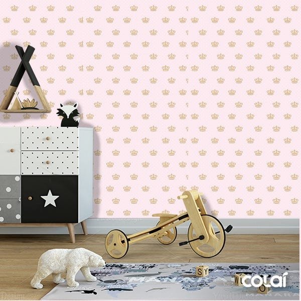 Papel de Parede Lavável Coroa Dourada de fundo Rosa - 2