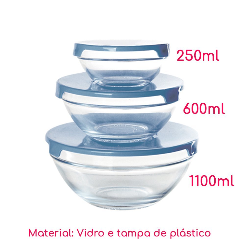 Conjunto 3 Potes Tigela Vidro Tampa Azul Class Home - 2