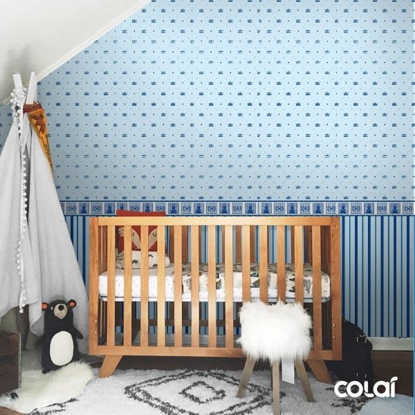 Papel de Parede Lavável Ursinho Coroado Azul Bebê 9m - 3