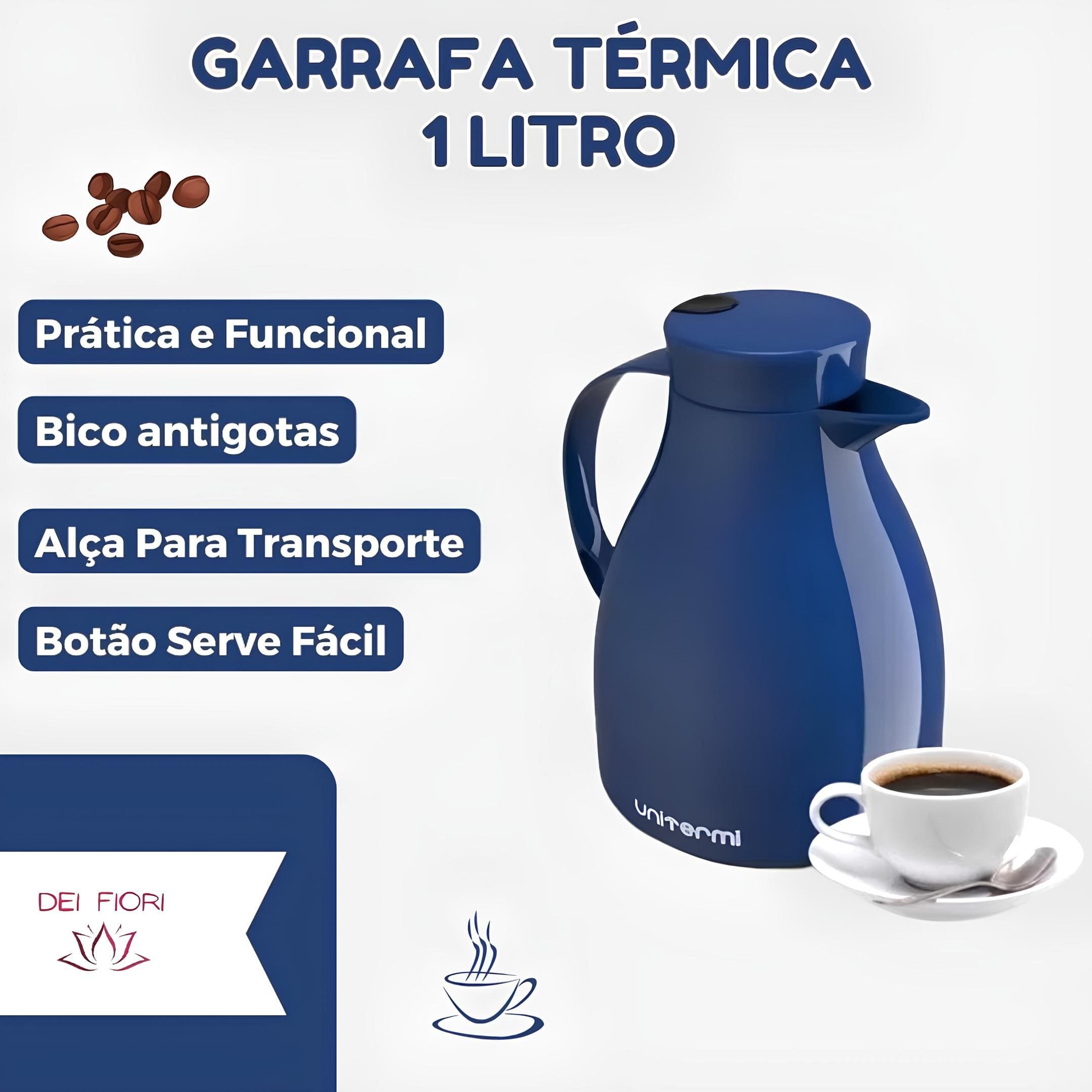 Garrafa Térmica Cafe Leite Cha 1 Litro Botão Serve Fácil Antigotas Tampa Rosca Ampola Vidro Gatilho  - 2