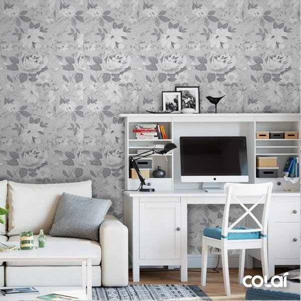 Papel De Parede Lavável Gardênia Em Pretp E Branco 12m - 2