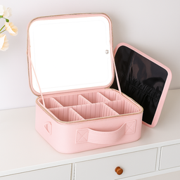 Maleta de Maquiagem com Espelho Led Recarregável Rosa - 2