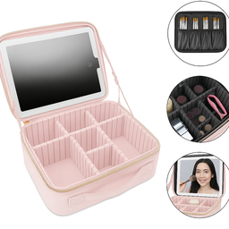 Maleta de Maquiagem com Espelho Led Recarregável Rosa - 3