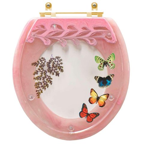 Assento Sanitário Poliester Oval Rosa Quartzo Decorado Borboletas com Ferragem Dourada
