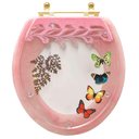 Ver imagem 1 de Assento Sanitário Poliester Oval Rosa Quartzo Decorado Borboletas com Ferragem Dourada
