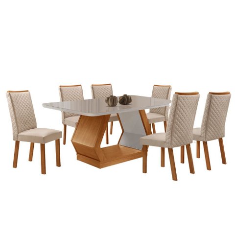 Mesa de Jantar Alvorada 180cm Tampo Mdf Vidro Canto Copo com 6 Cadeiras Lira