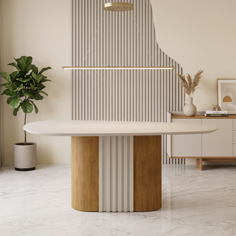 Mesa para Sala de Jantar com Tampo de Vidro Dacota Marrom/Freijó/Off White