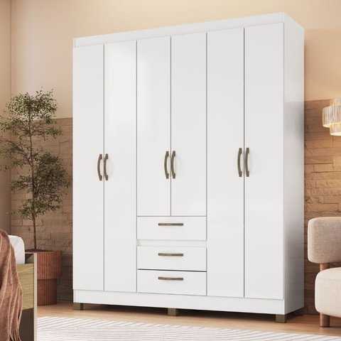 Guarda-Roupa Casal 6 Portas 3 Gavetas Branco