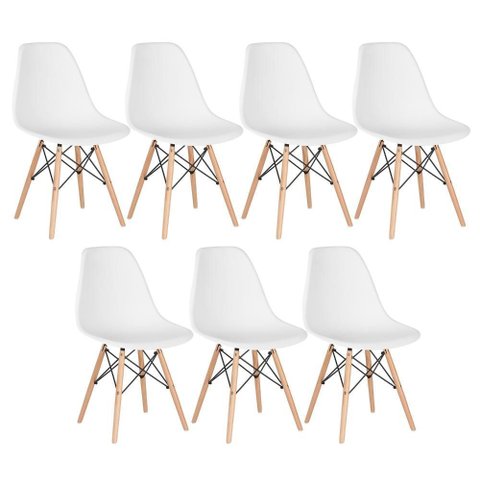 Kit 7 Cadeiras Charles Eames Eiffel Dsw - Base de Madeira Clara - Branco Multicolorido