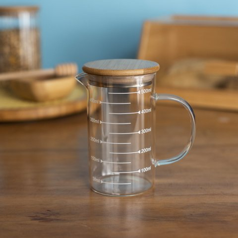 Jarra de vidro com medida e tampa de bambu 500ml - Oikos