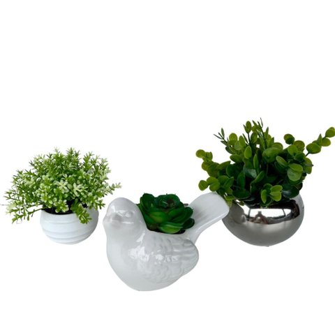 Decoração sala quarto dupla vaso decor + pássaro c/ planta