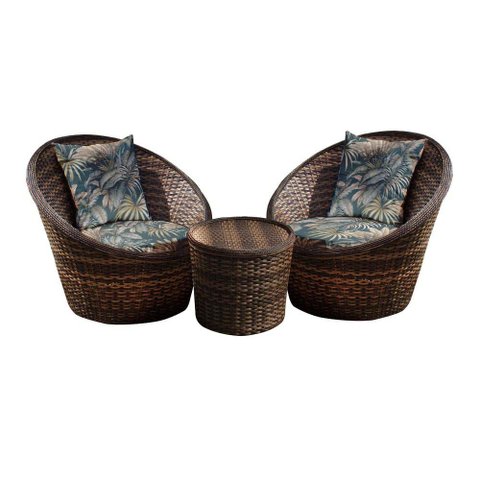 Conjunto de Poltronas Fibra Sintética Bola - 2 Poltronas + 1 Mesa Centro - Tecido Palmares Petróleo