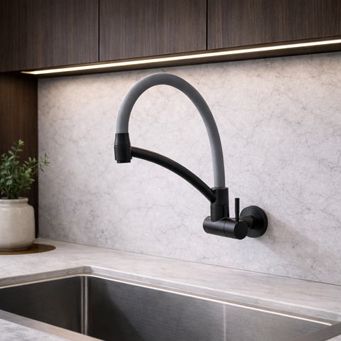 Torneira Cozinha Parede Gourmet Bica Alta Arco Flexível 1/4 Volta Cinza e Preto Fosco