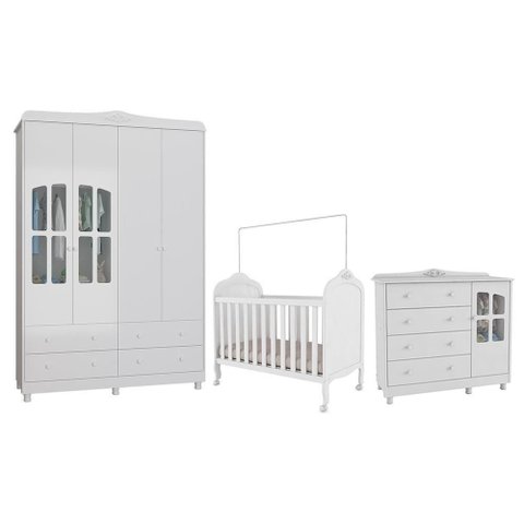 Dormitório Infantil Elô Janelas Guarda Roupa, Cômoda e Berço Branco Brilho - Móveis Peroba