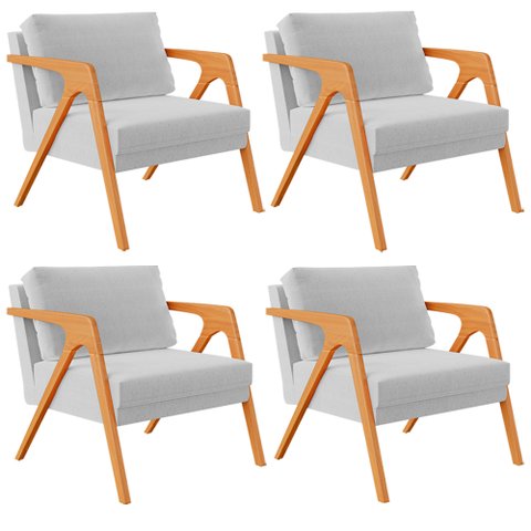 Kit 4 Poltronas Decorativa para Sala Estar Pietra Estrutura de Madeira L02 Linho Cinza - Lyam
