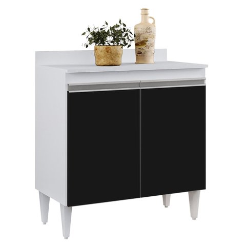 Balcão de Cozinha Lavanderia com Tampo 02 Portas Sara 80 cm - D’RossiBranco e Preto