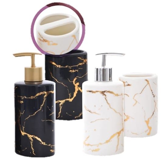 Kit Banheiro Lavabo Porcelana Branco Preto Dourado 2 Peças:preto