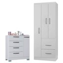 Ver imagem 1 de Cômoda 868 4 Gavetas e 1 Porta com Guarda Roupa Solteiro Milão 3 Portas Branco Brilho - Poquema
