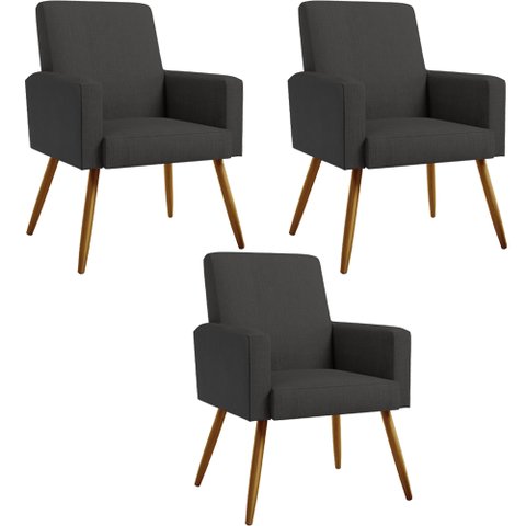 Kit 03 Poltronas Decorativa Maria W01 Pés Palito Linho Chumbo Couríssimo Preto - Lyam Decor