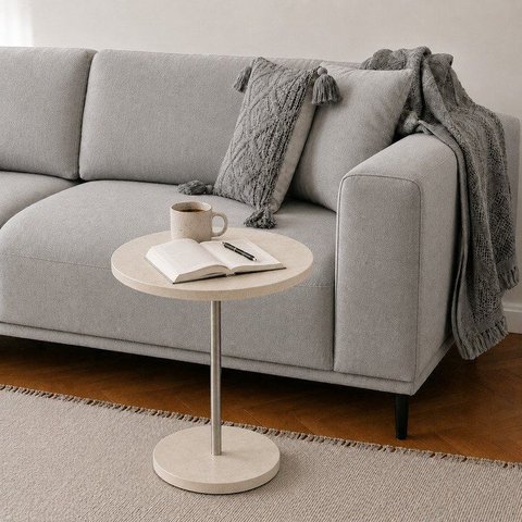 Mesa Lateral em Concreto Uhpc Diam.35 Atmosfera Duna 35x49 Textura Bruta Haste Aço Inox