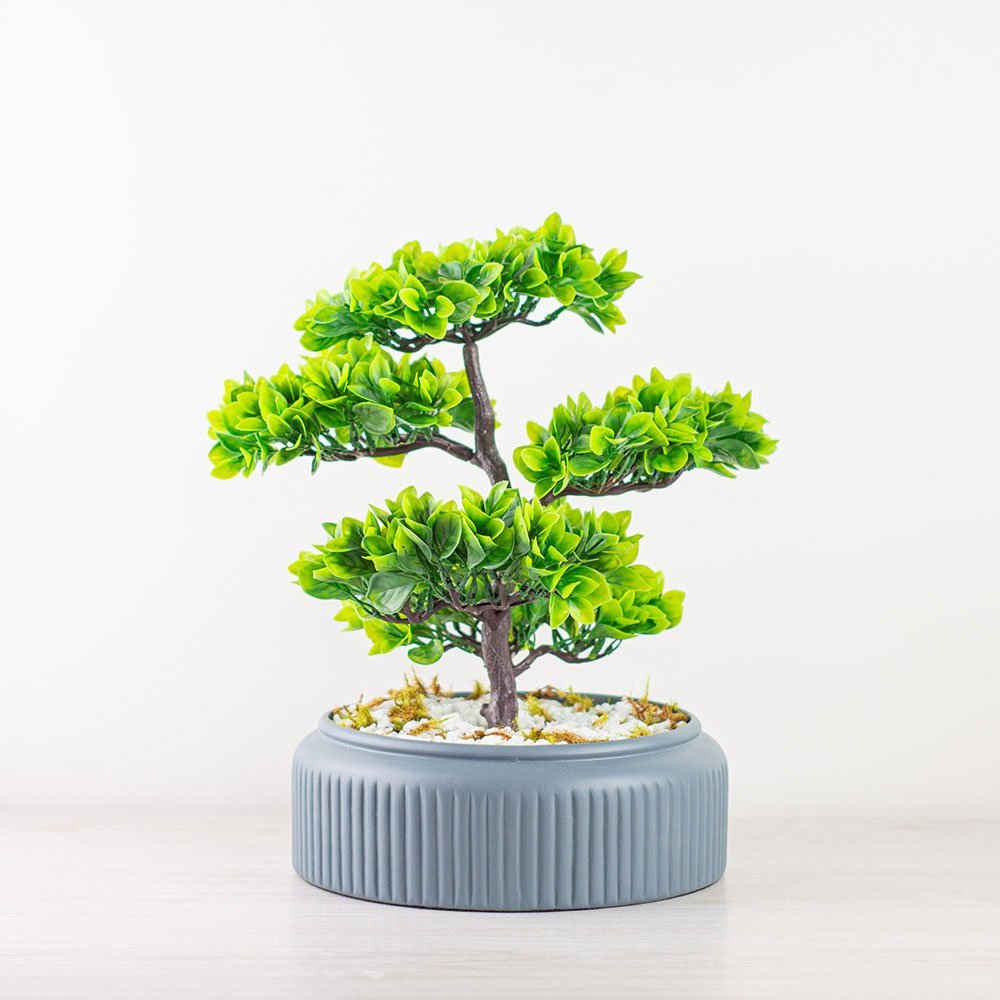 Arranjo Árvore De Bonsai Artificial No Vaso De Cerâmica Cinza Beng Flores
