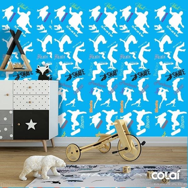 Papel De Parede Adesivo Lavável Skate Fundo Azul 12m - 5