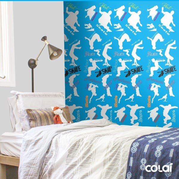 Papel De Parede Adesivo Lavável Skate Fundo Azul 12m - 3