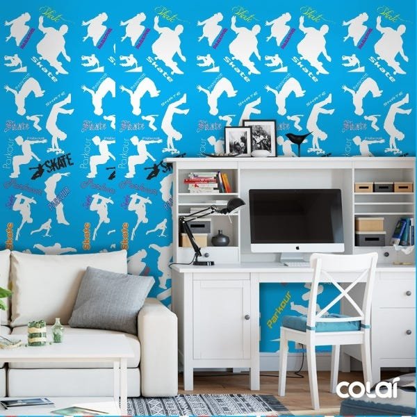 Papel De Parede Adesivo Lavável Skate Fundo Azul 12m - 2